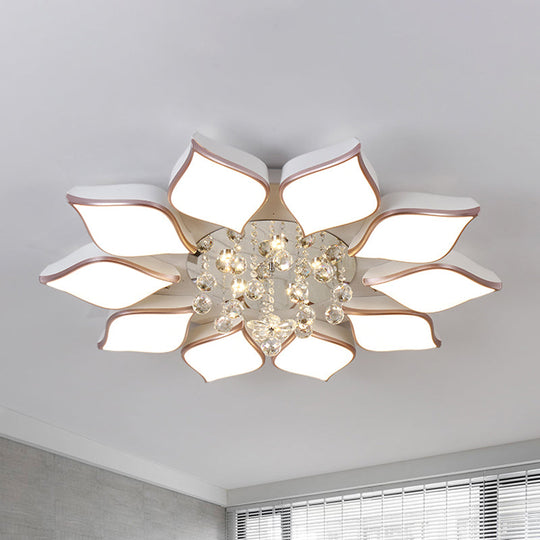 Plafonnier moderne à encastrer en forme de fleur blanche avec pendentif en cristal - 8/10 têtes - Ambiance chaleureuse pour le salon