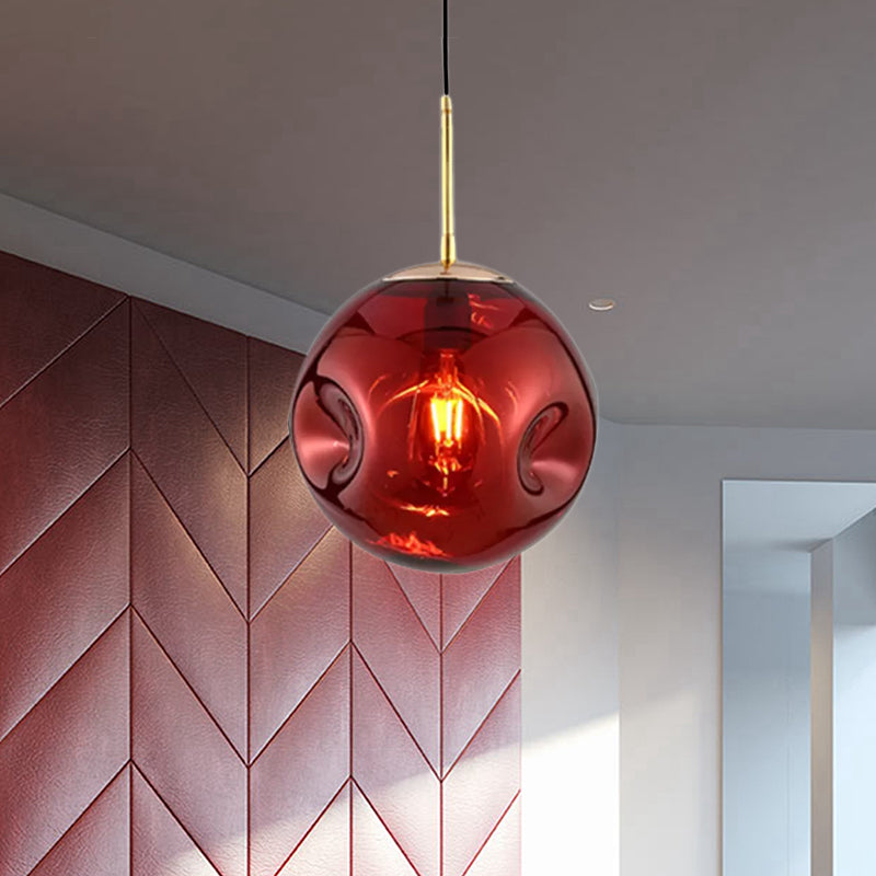 Modern 1 Bulb Pendant Light With Concave Glass Shade - Silver/Red Hanging Fixture For Restaurants