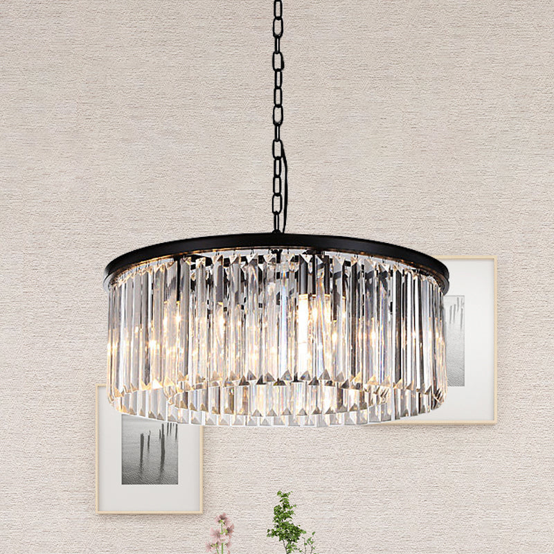 Modern 9-Light Led Chandelier Pendant Lamp For Restaurants - Drum Clear/Amber Crystal Design