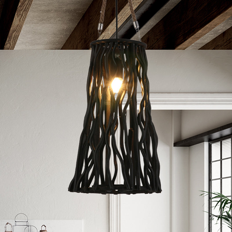 Rustic Pendant Ceiling Light - Barrel/Cone/Globe Design Wood Finish 1 Bulb Black Perfect For Dining