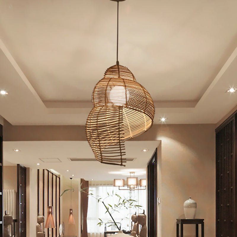 Rustic Rattan Conch Pendant Lamp - Single Head Drop Light For Restaurant Dining Room