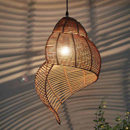 Rustic Rattan Conch Pendant Lamp - Single Head Drop Light For Restaurant Dining Room