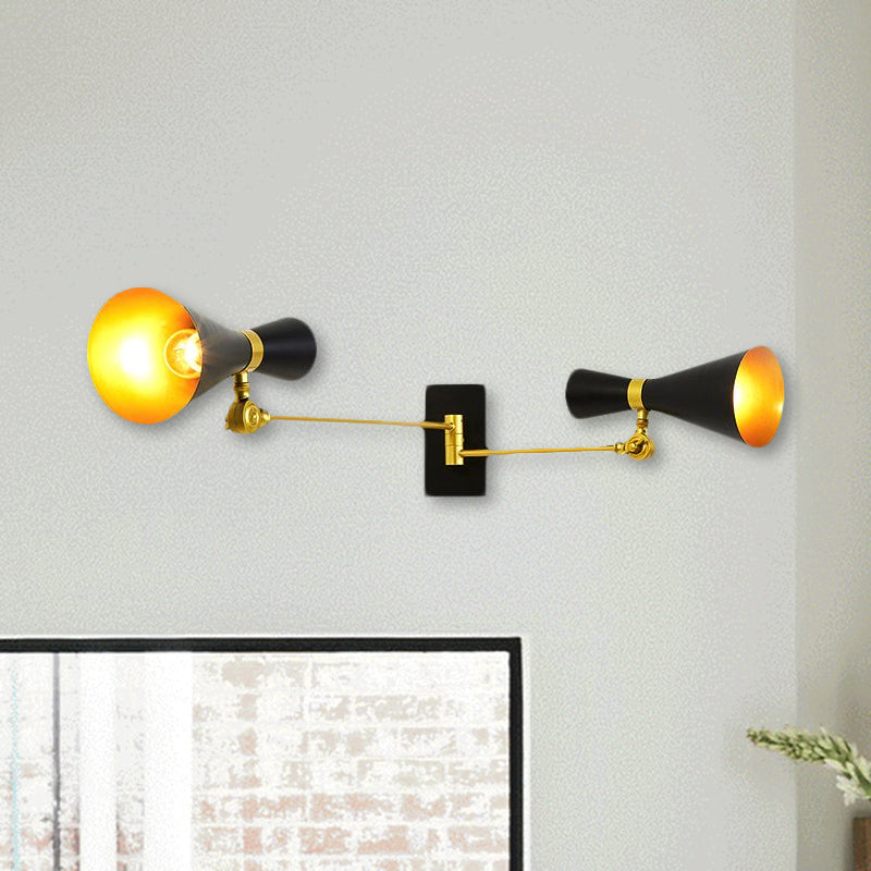 Contemporary Trumpet Wall Sconce Light In Black/White/Gold With Adjustable Arm And 1-3 Lights