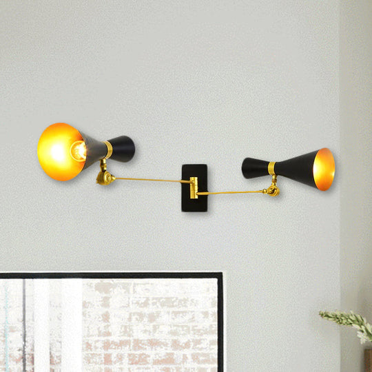 Contemporary Trumpet Wall Sconce Light In Black/White/Gold With Adjustable Arm And 1-3 Lights