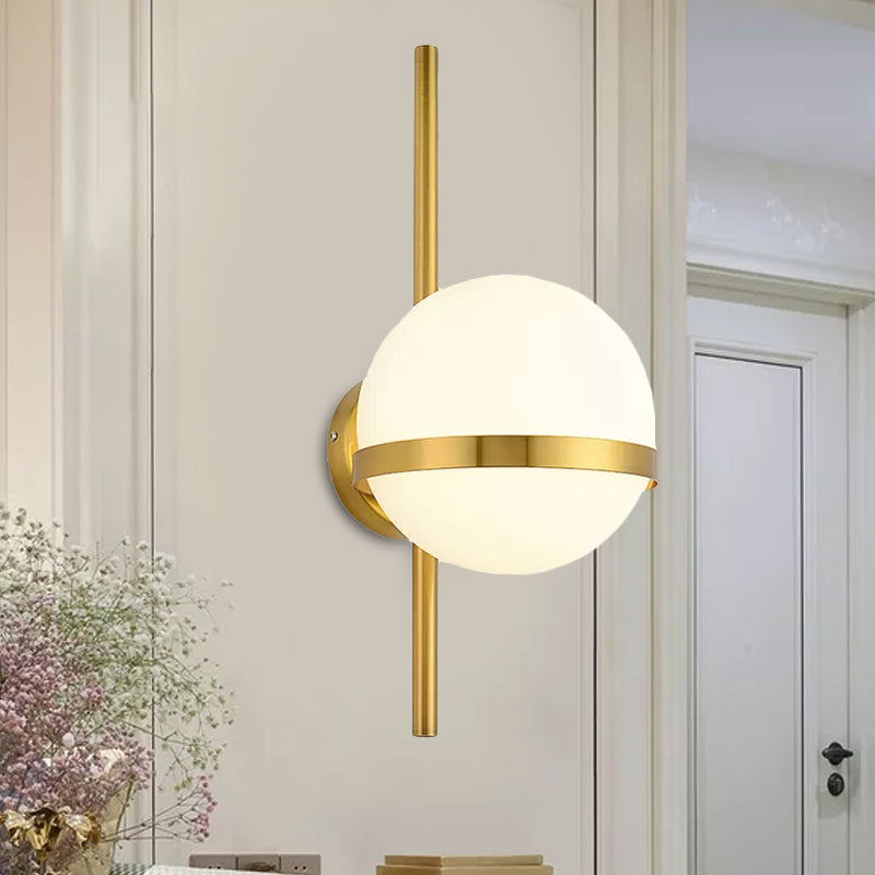 Modern Black/Gold Vertical Wall Sconce With Orbit Opal Glass Shade - 1 Head Metal Lamp 6/8 Width