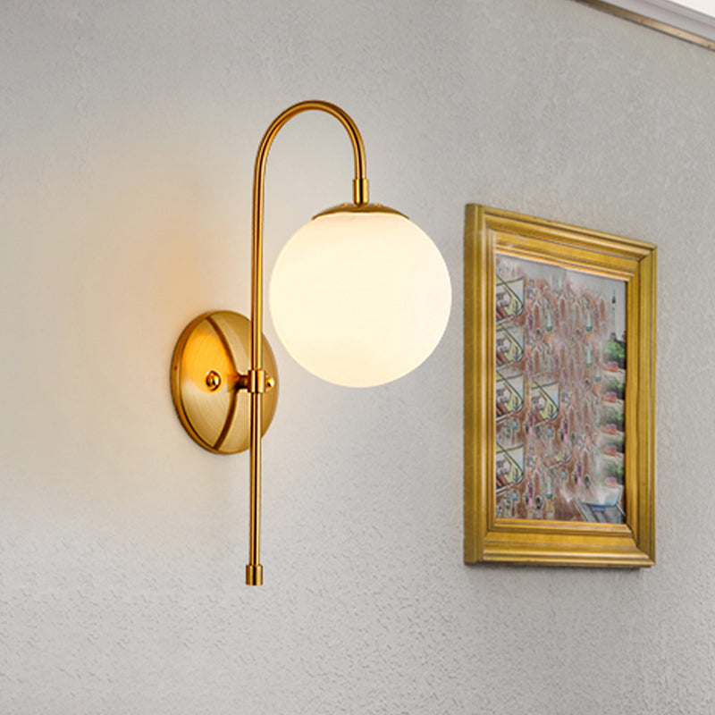 Modern Golden Gooseneck Wall Sconce With Frosted Glass Ball Shade For Bedroom