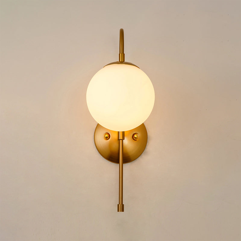 Modern Golden Gooseneck Wall Sconce With Frosted Glass Ball Shade For Bedroom