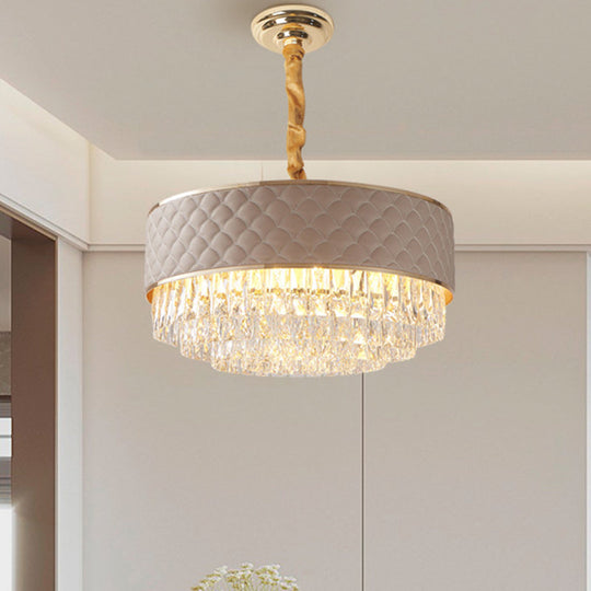 Modernist Crystal Prisms Drum Chandelier - 10-Light Gold Pendant Lamp with Leatherwear Accents