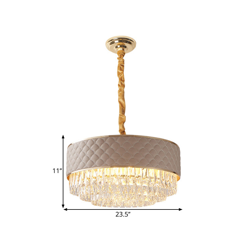 Modernist Crystal Prisms Drum Chandelier - 10-Light Gold Pendant Lamp with Leatherwear Accents