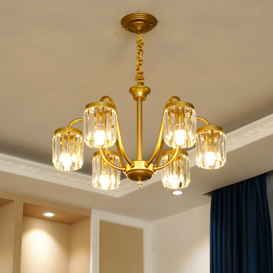 Modern Cylinder Pendant Chandelier With Crystal Prisms - Gold Finish 6/8 Heads Living Room Hanging