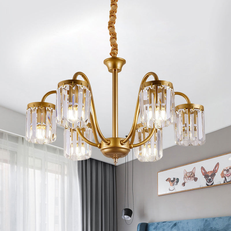 Modern Cylinder Pendant Chandelier With Crystal Prisms - Gold Finish 6/8 Heads Living Room Hanging