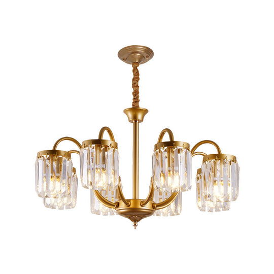 Modern Cylinder Pendant Chandelier With Crystal Prisms - Gold Finish 6/8 Heads Living Room Hanging