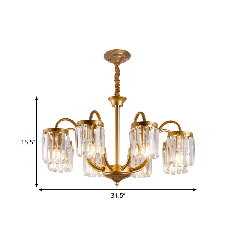 Modern Cylinder Pendant Chandelier With Crystal Prisms - Gold Finish 6/8 Heads Living Room Hanging