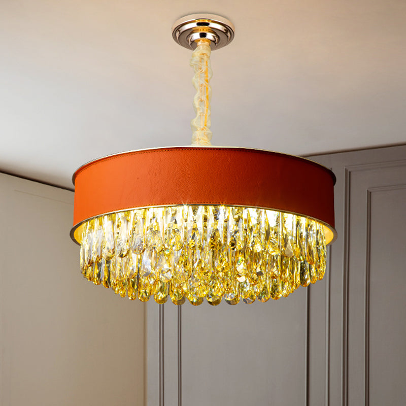 Modern Drum Shape Crystal Chandelier - 9-Light Black/Red/Blue Leatherwear Ceiling Fixture