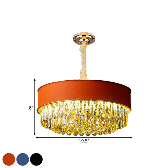 Modernistic Drum Crystal Chandelier - 9-Light Black/Red/Blue Leatherwear Ceiling Hang Fixture