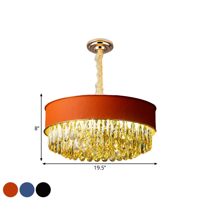 Modern Drum Shape Crystal Chandelier - 9-Light Black/Red/Blue Leatherwear Ceiling Fixture