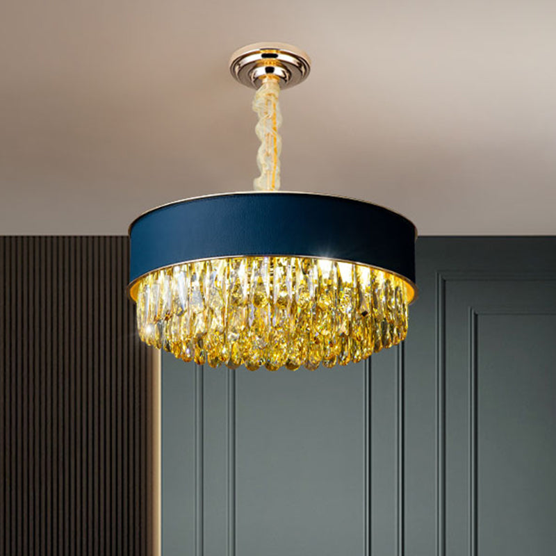 Modernistic Drum Crystal Chandelier - 9-Light Black/Red/Blue Leatherwear Ceiling Hang Fixture