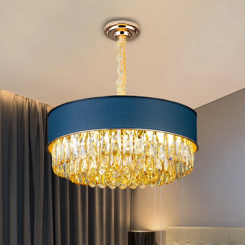 Modern Drum Shape Crystal Chandelier - 9-Light Black/Red/Blue Leatherwear Ceiling Fixture