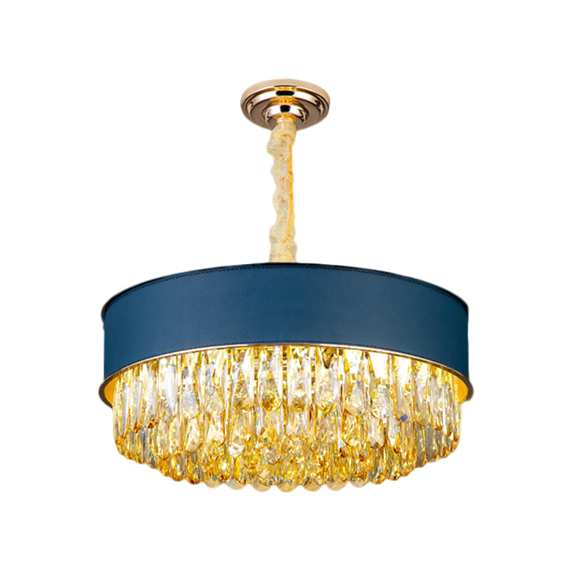 Modernistic Drum Crystal Chandelier - 9-Light Black/Red/Blue Leatherwear Ceiling Hang Fixture