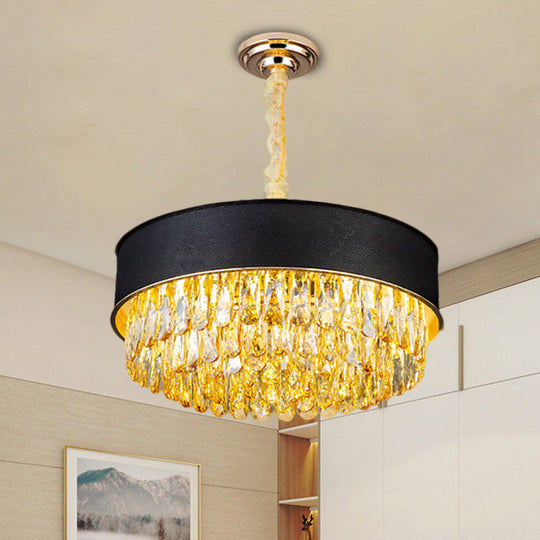 Modernistic Drum Crystal Chandelier - 9-Light Black/Red/Blue Leatherwear Ceiling Hang Fixture