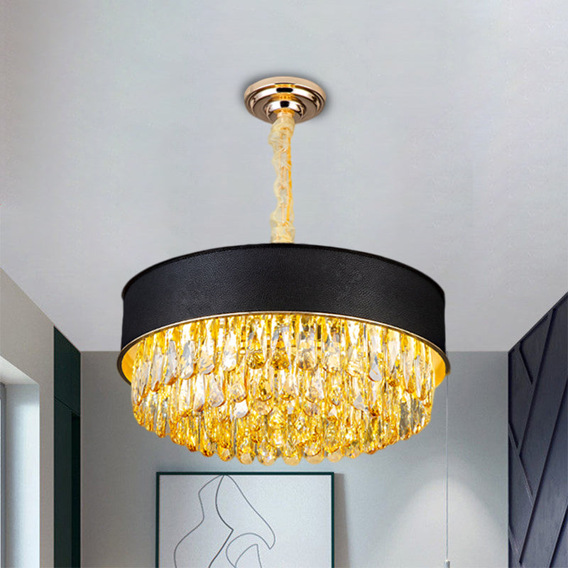 Modern Drum Shape Crystal Chandelier - 9-Light Black/Red/Blue Leatherwear Ceiling Fixture