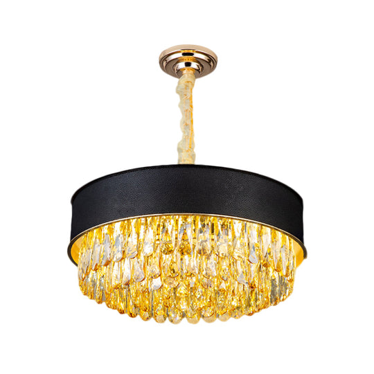 Modernistic Drum Crystal Chandelier - 9-Light Black/Red/Blue Leatherwear Ceiling Hang Fixture