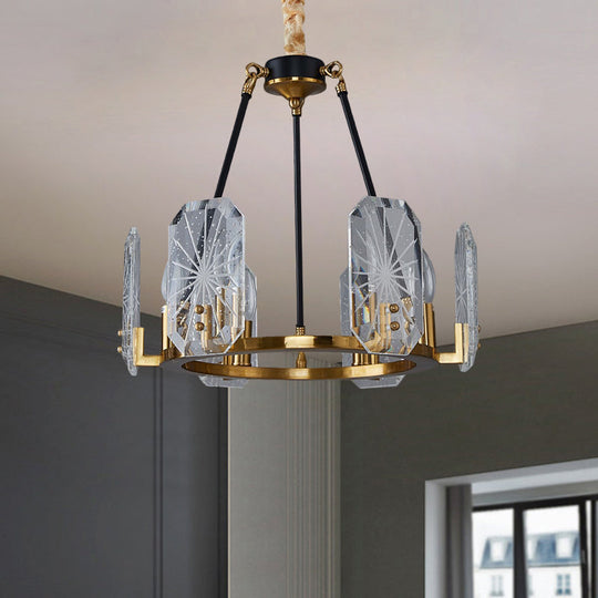 Modern Crystal Glass 6-Bulb Geometric Chandelier With Black And Gold Ring