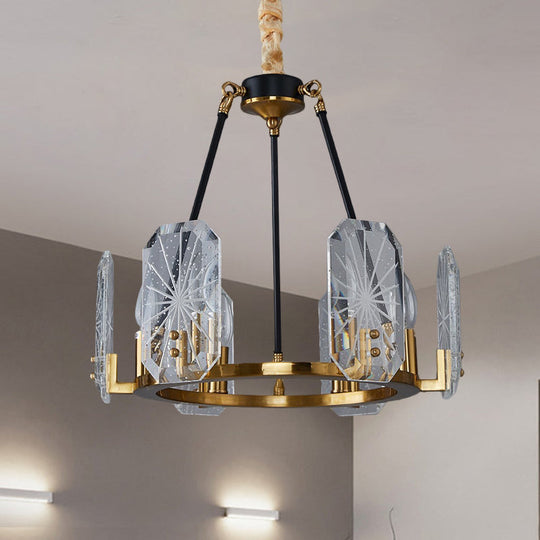 Modern 6-Bulb Geometric Pendulum Light: Clear Crystal Glass Chandelier in Black & Gold