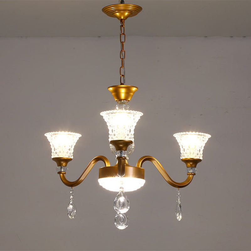 Traditional Gold Bell-shaped Chandelier with Clear Crystal Glass Pendant - Ideal for Parlor - 3/6/8 Heads