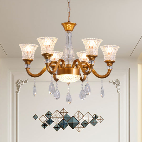 Gold Bell Shaped Chandelier With Clear Crystal Glass Pendant For Parlor - Available In 3 6 Or 8