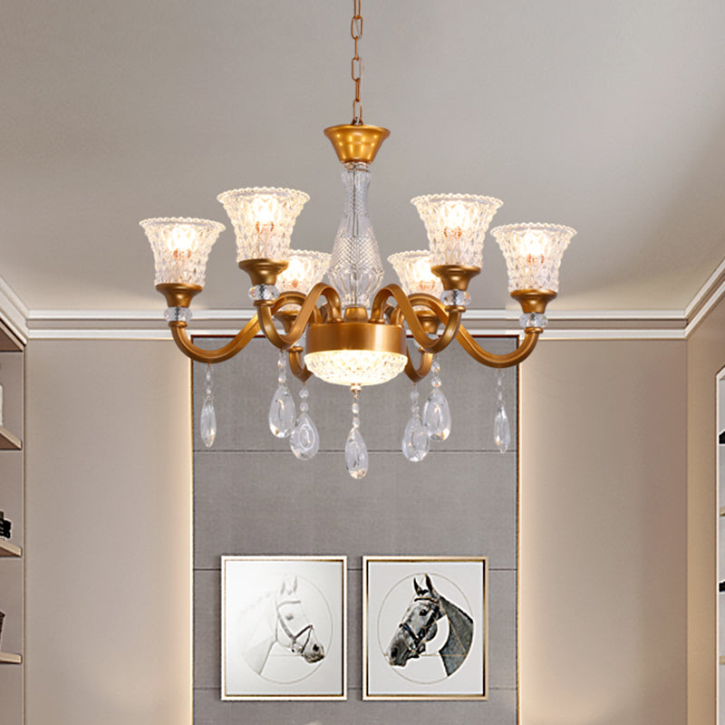 Traditional Gold Bell-shaped Chandelier with Clear Crystal Glass Pendant - Ideal for Parlor - 3/6/8 Heads