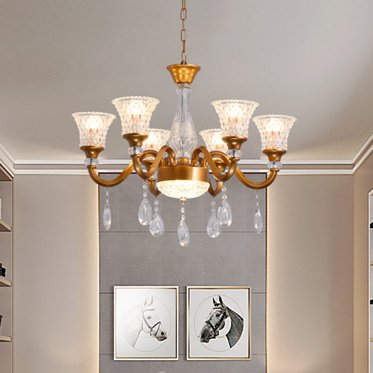 Gold Bell Shaped Chandelier With Clear Crystal Glass Pendant For Parlor - Available In 3 6 Or 8