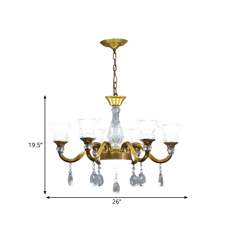 Traditional Gold Bell-shaped Chandelier with Clear Crystal Glass Pendant - Ideal for Parlor - 3/6/8 Heads