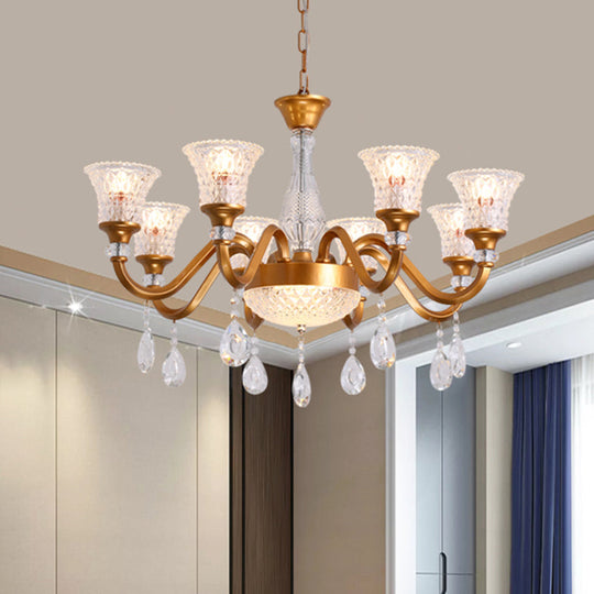 Traditional Gold Bell-shaped Chandelier with Clear Crystal Glass Pendant - Ideal for Parlor - 3/6/8 Heads