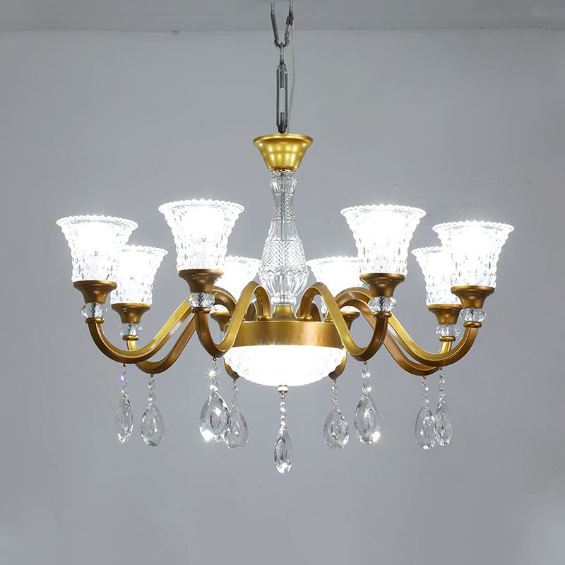 Traditional Gold Bell-shaped Chandelier with Clear Crystal Glass Pendant - Ideal for Parlor - 3/6/8 Heads