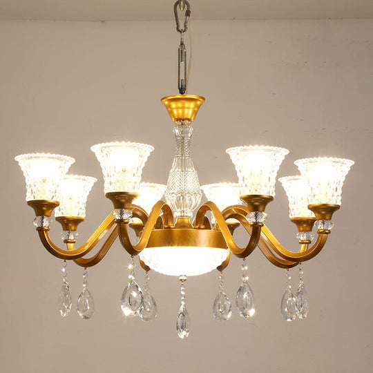 Traditional Gold Bell-shaped Chandelier with Clear Crystal Glass Pendant - Ideal for Parlor - 3/6/8 Heads