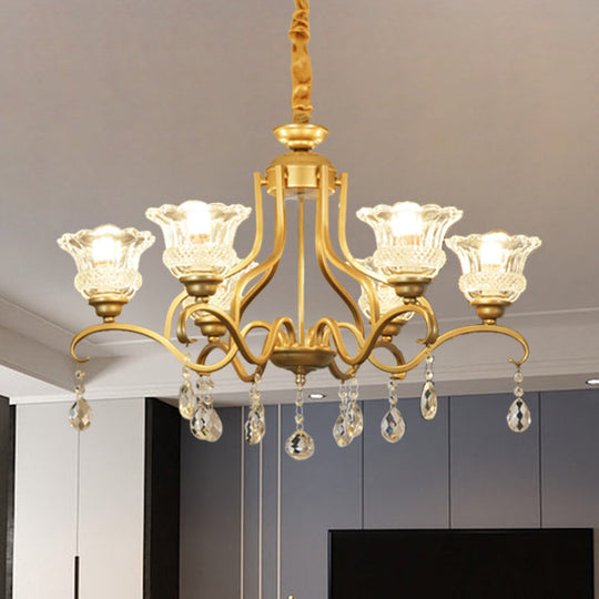 Traditional Crystal Glass Chandelier with Gold Finish - 3/6/8 Lights - Floral Shade - Elegant Suspension Lamp