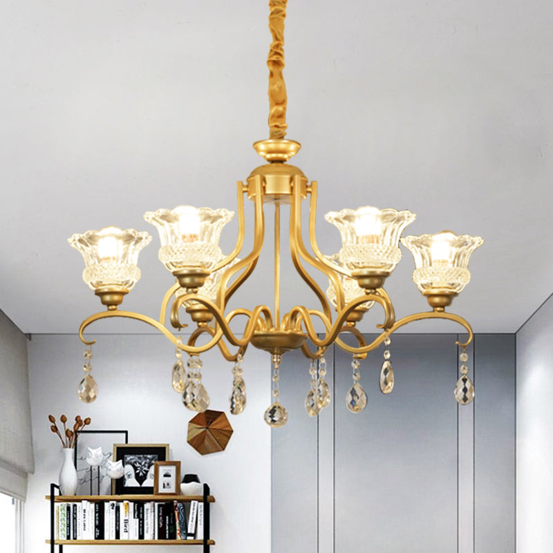 Traditional Crystal Glass Chandelier with Gold Finish - 3/6/8 Lights - Floral Shade - Elegant Suspension Lamp