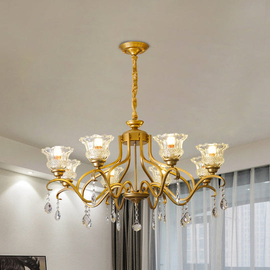 Traditional Crystal Glass Chandelier with Gold Finish - 3/6/8 Lights - Floral Shade - Elegant Suspension Lamp