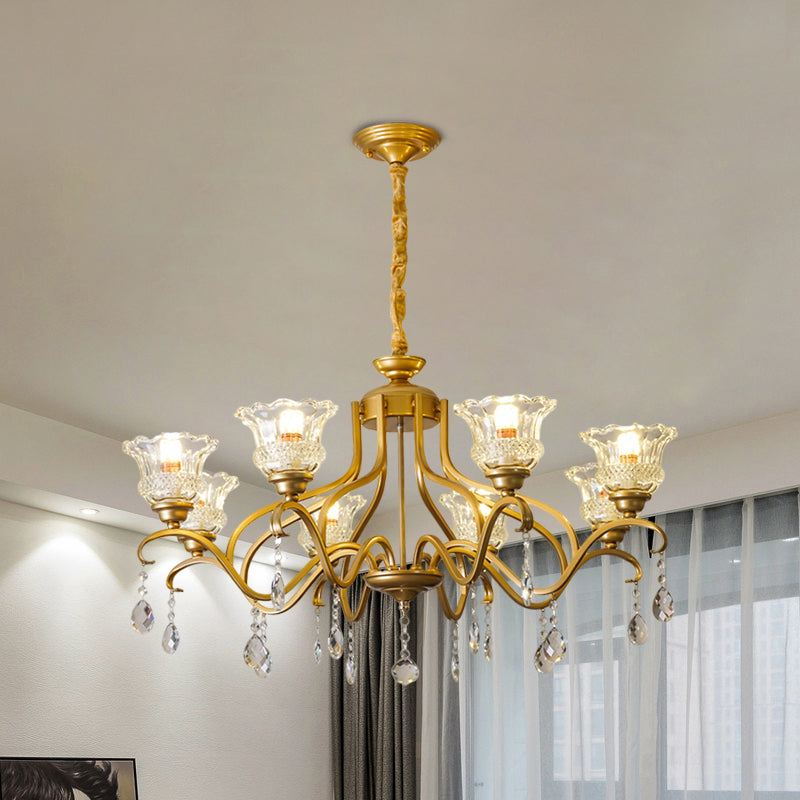 Traditional Crystal Glass Floral Shade Chandelier - Elegant Gold Ceiling Lamp With 3/6/8 Lights