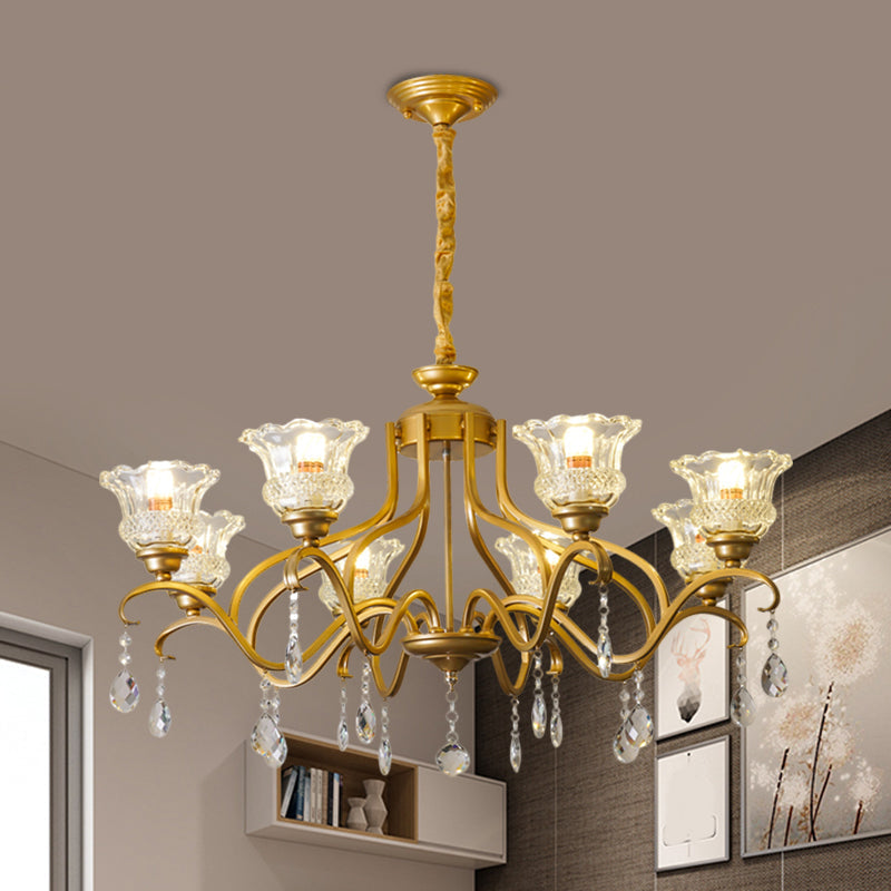 Traditional Crystal Glass Chandelier with Gold Finish - 3/6/8 Lights - Floral Shade - Elegant Suspension Lamp