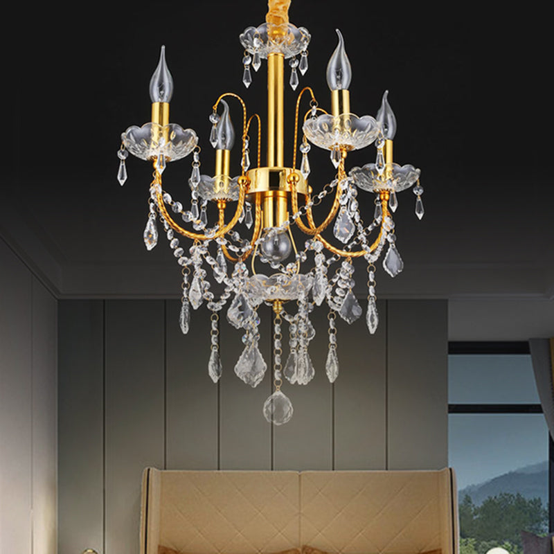 Traditional Gold Metal Candelabra Chandelier With Swag Crystal Strand Deco - Dining Room Hanging