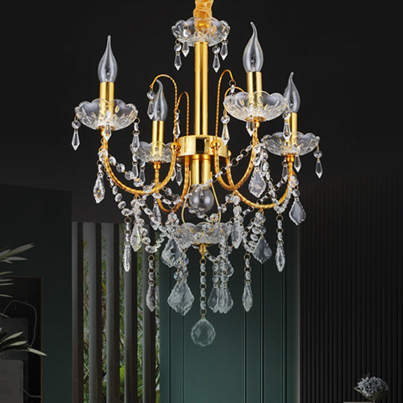 Traditional Gold Metal Candelabra Chandelier With Swag Crystal Strand Deco - Dining Room Hanging