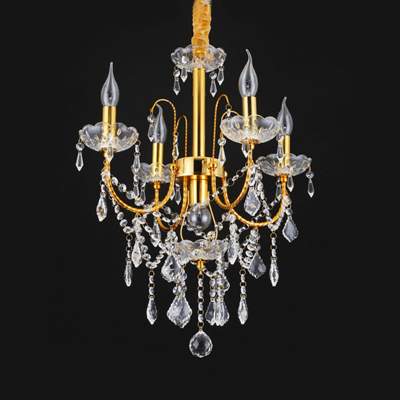 Swag Crystal Strand Candelabra Chandelier - Traditional Metal 5/7/9 Bulbs Gold Hanging Light for Dining Room Décor