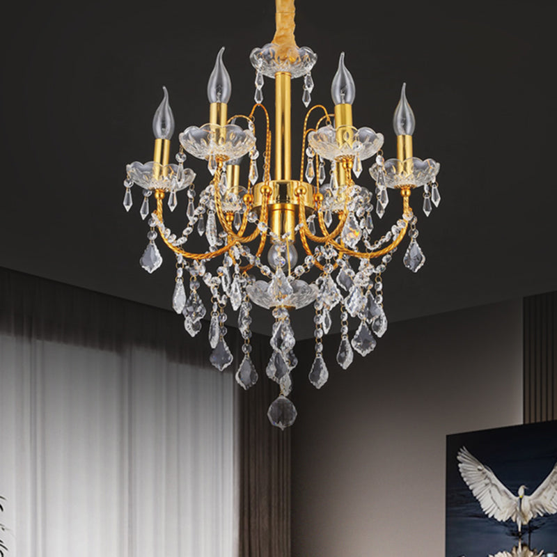 Traditional Gold Metal Candelabra Chandelier With Swag Crystal Strand Deco - Dining Room Hanging