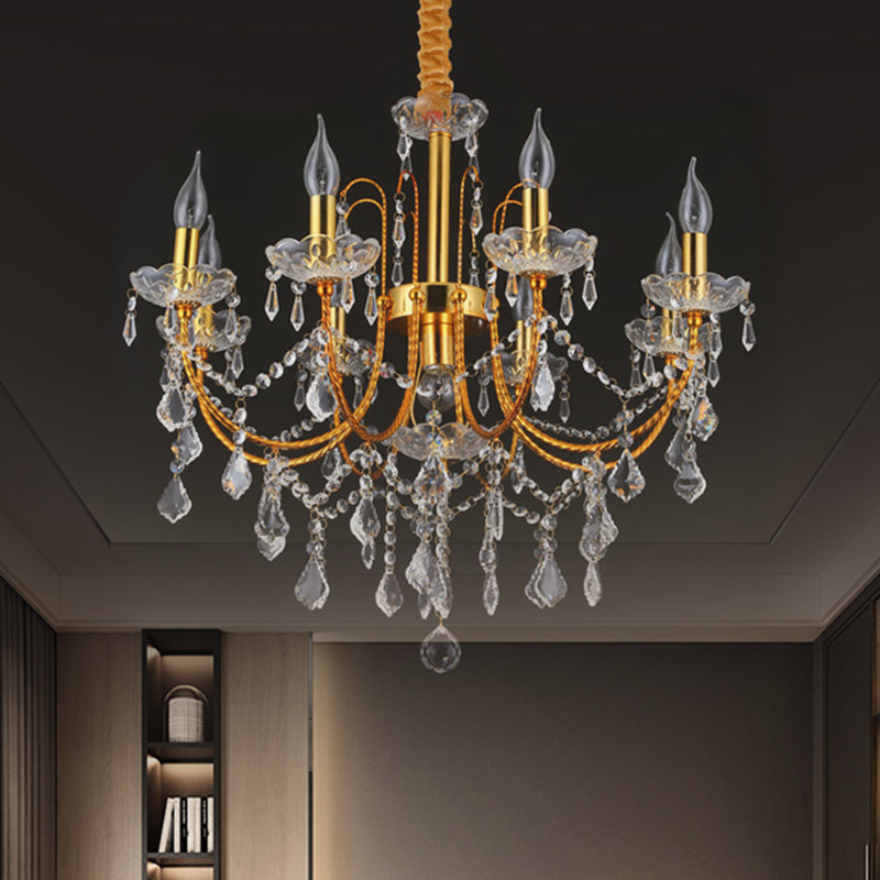 Traditional Gold Metal Candelabra Chandelier With Swag Crystal Strand Deco - Dining Room Hanging