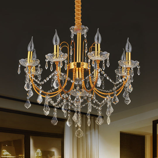 Swag Crystal Strand Candelabra Chandelier - Traditional Metal 5/7/9 Bulbs Gold Hanging Light for Dining Room Décor