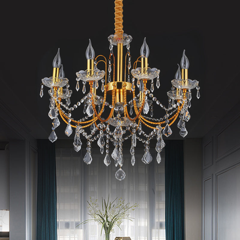 Traditional Gold Metal Candelabra Chandelier With Swag Crystal Strand Deco - Dining Room Hanging