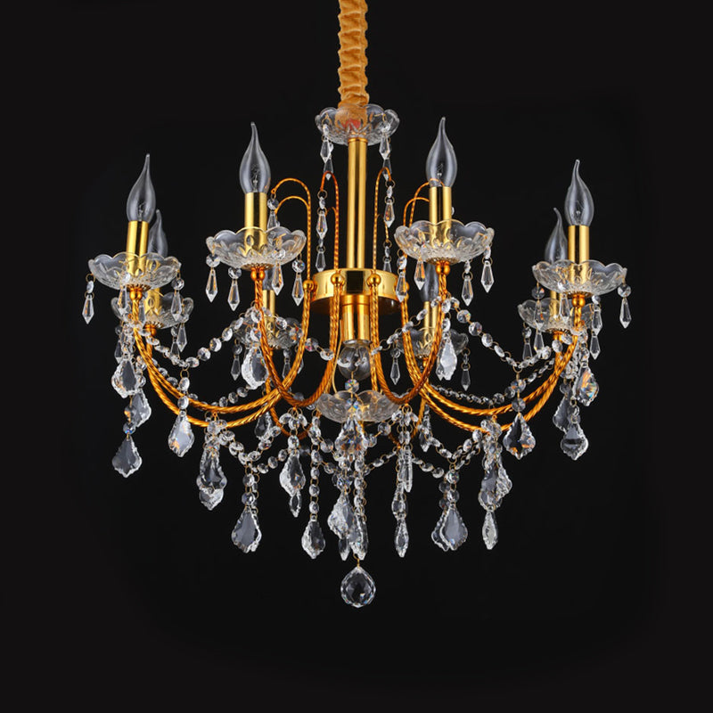 Swag Crystal Strand Candelabra Chandelier - Traditional Metal 5/7/9 Bulbs Gold Hanging Light for Dining Room Décor