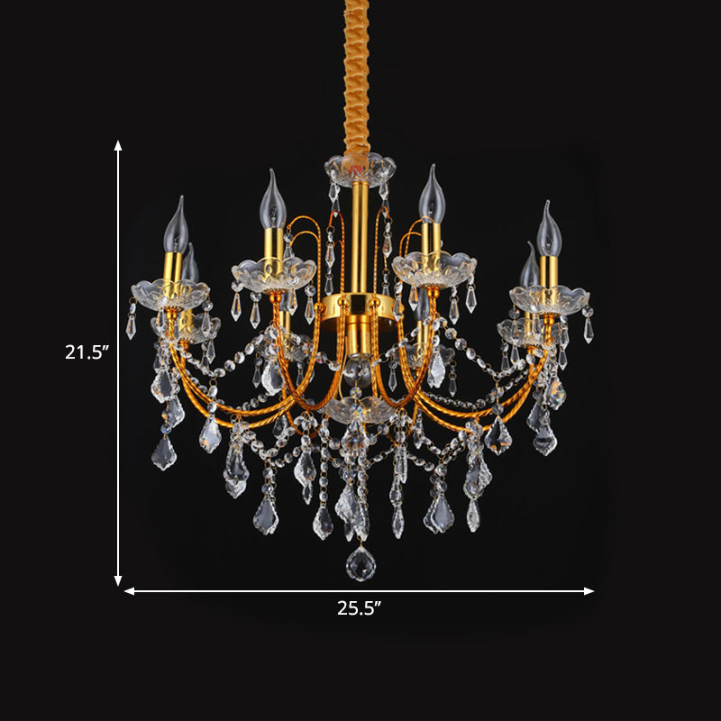 Swag Crystal Strand Candelabra Chandelier - Traditional Metal 5/7/9 Bulbs Gold Hanging Light for Dining Room Décor